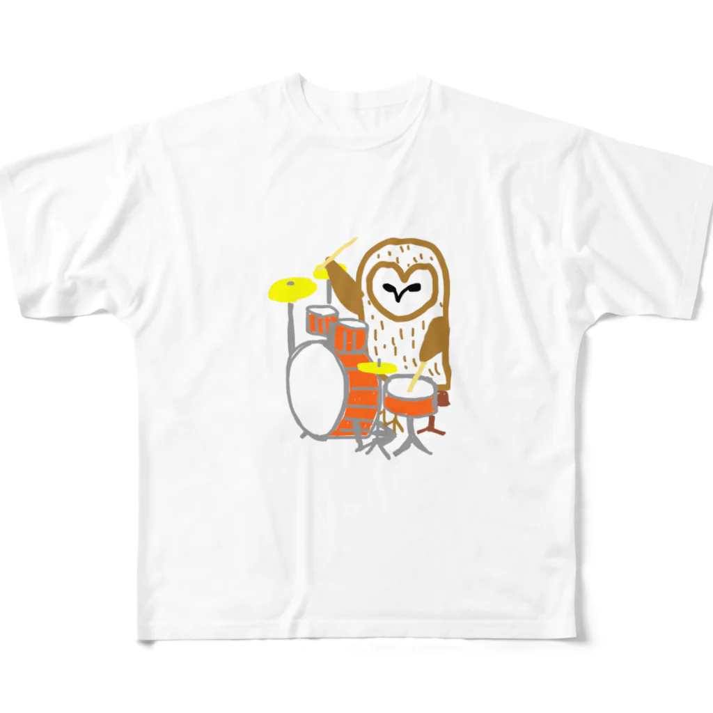 音楽といきもののメンフクロウとドラム フルグラフィックTシャツ