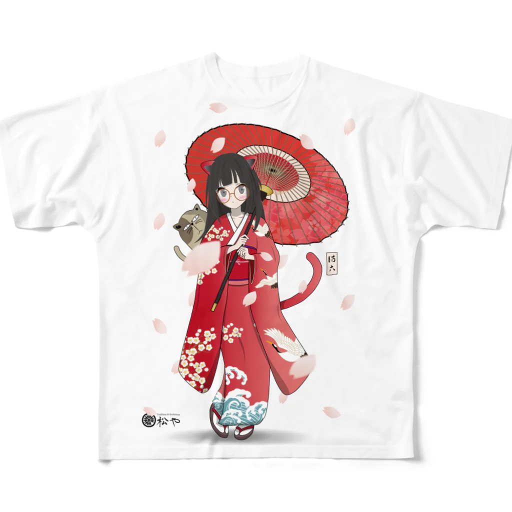 松や SUZURI店の桜吹雪と猫六 All-Over Print T-Shirt