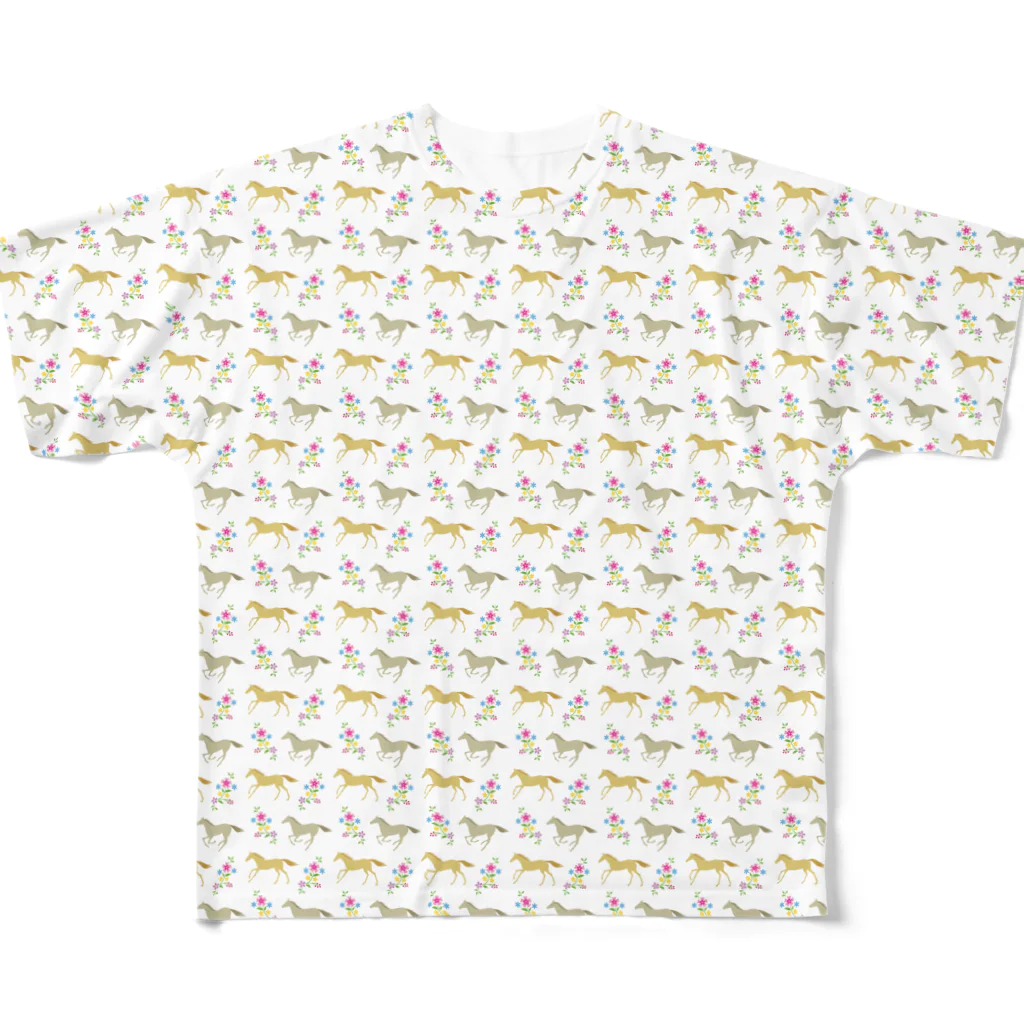 Sharroodの馬と花のTシャツ（フルグラフィックA） All-Over Print T-Shirt