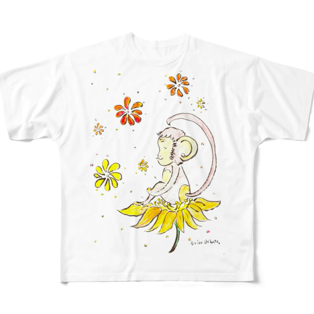 めりこの幸せのお花とさる フルグラフィックTシャツ