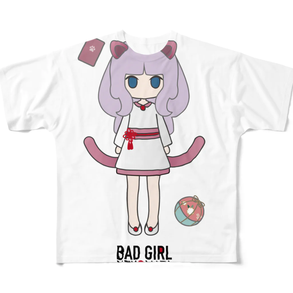 松や SUZURI店のBAD GIRL 猫またのいろいろ(新作) All-Over Print T-Shirt