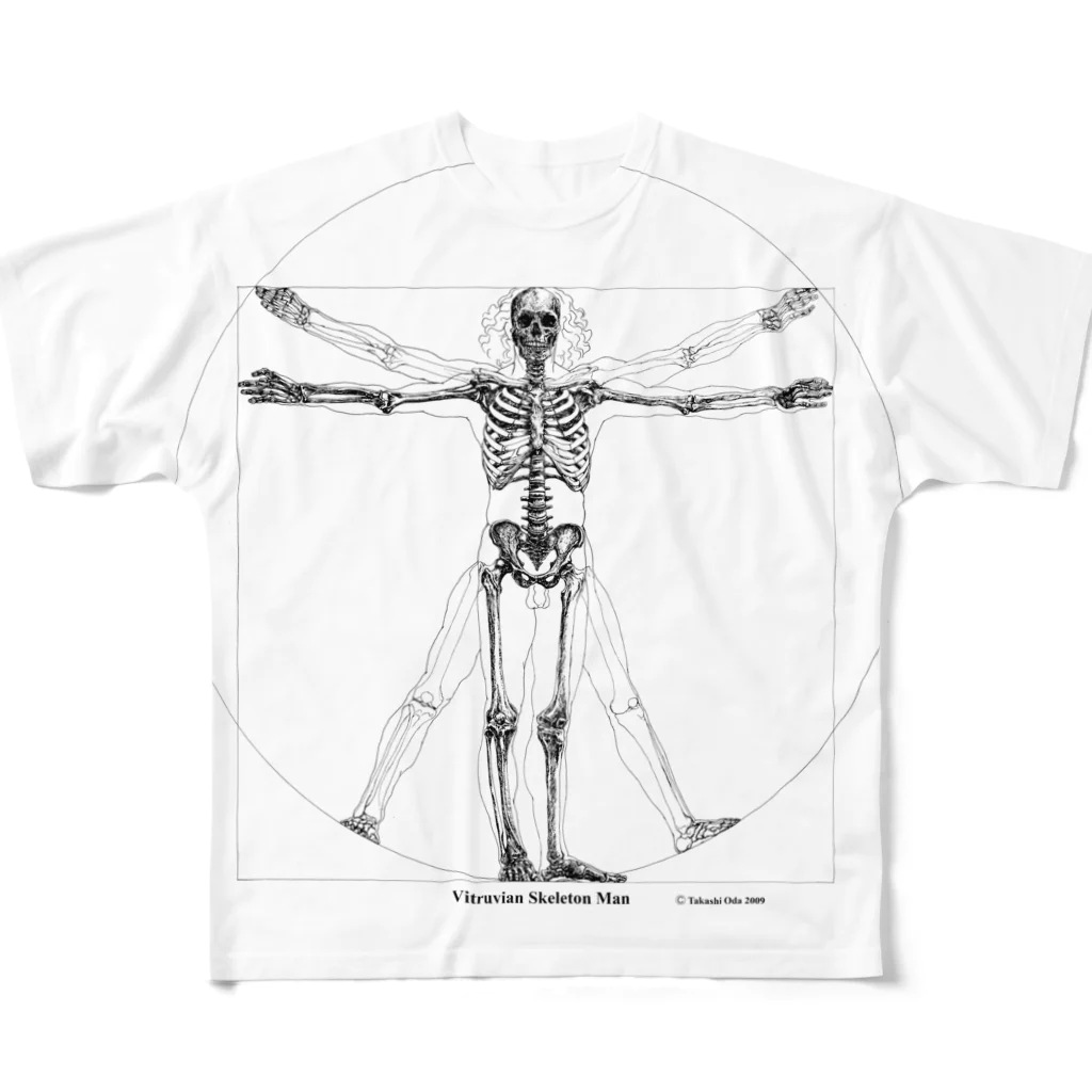 小田隆のVitruvian Skeleton Man All-Over Print T-Shirt