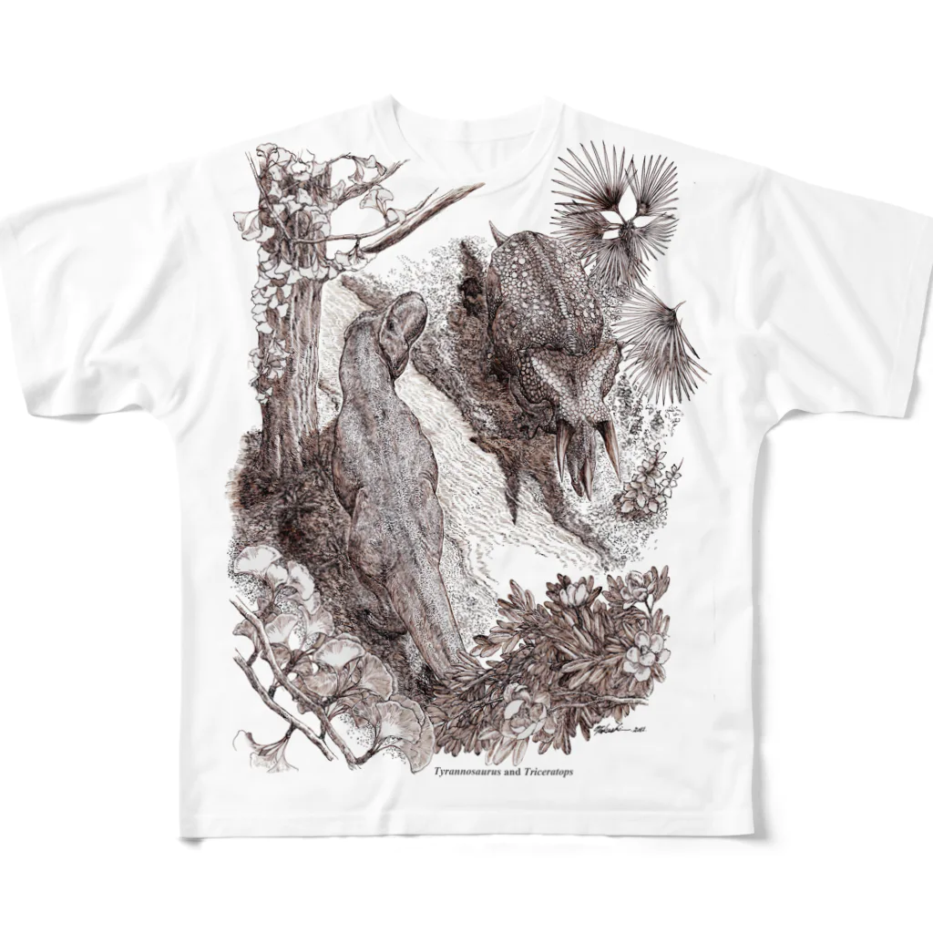 小田隆のTyrannosaurus and Triceratops All-Over Print T-Shirt