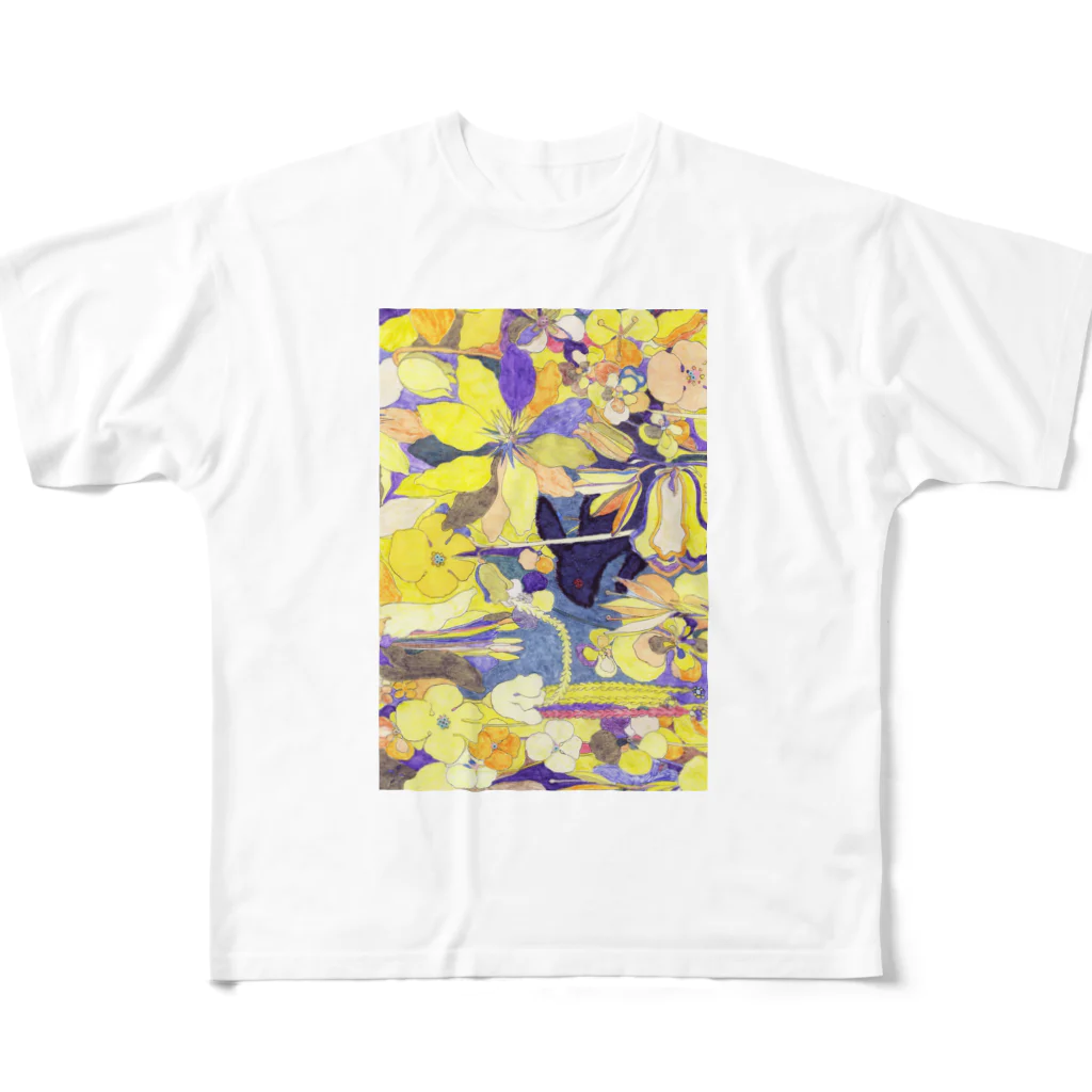 iuko sano shopの「花畑」黒うさぎ All-Over Print T-Shirt