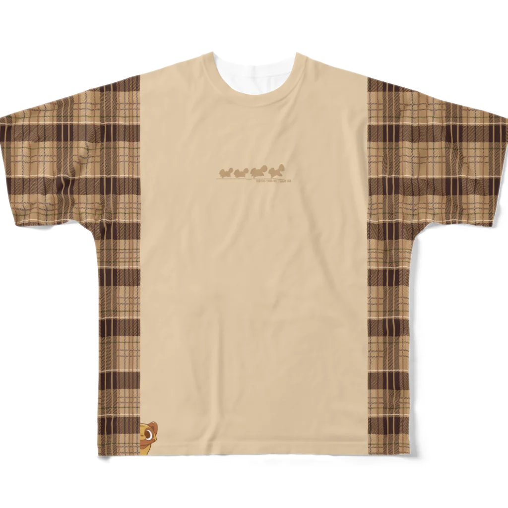 狸の遠吠えのたぬきさんしっぽ付きチェック切り替えシャツ All-Over Print T-Shirt