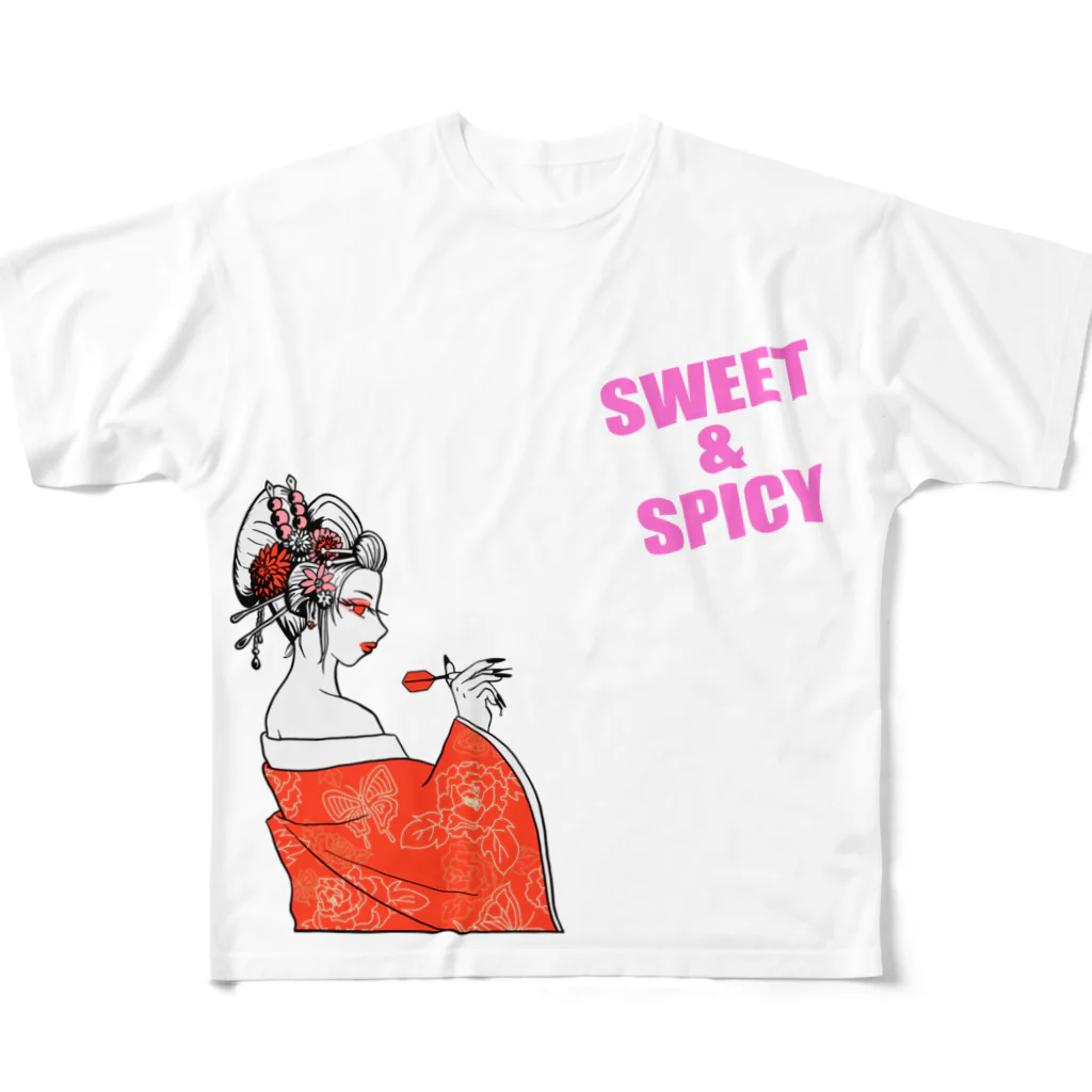 SWEET＆SPICY 【 すいすぱ 】ダーツのSWEET&SPICY×花魁ダーツ　ピンク フルグラフィックTシャツ