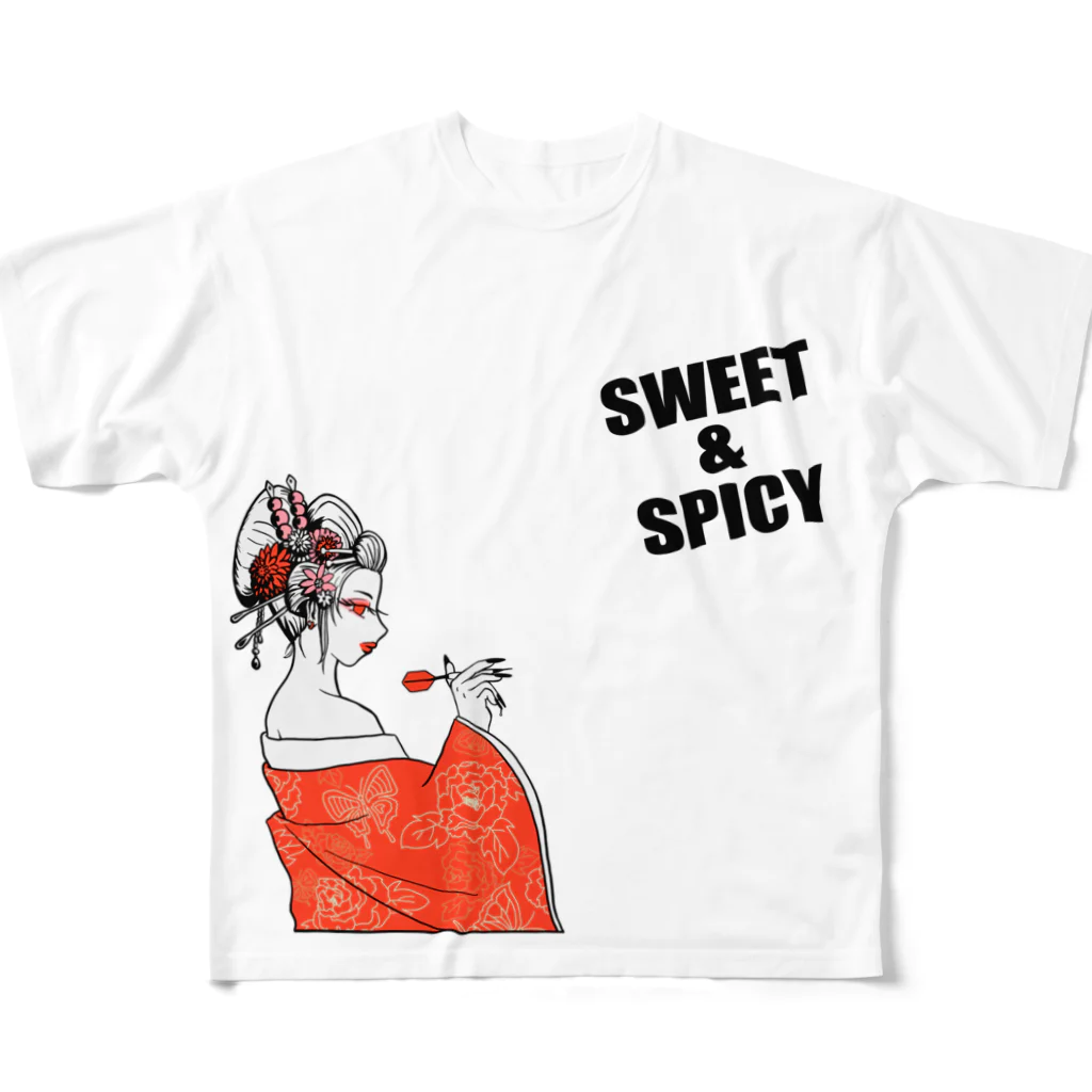 SWEET＆SPICY 【 すいすぱ 】ダーツのSWEET&SPICY×花魁ダーツ　黒 フルグラフィックTシャツ