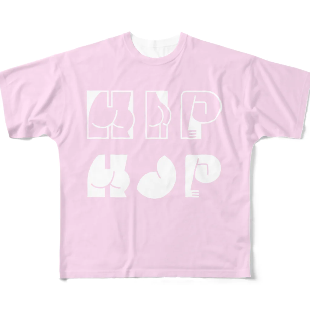 SANKAKU DESIGN STOREのHAPPY ASS HIP HOP! 白/ネオンピンク All-Over Print T-Shirt