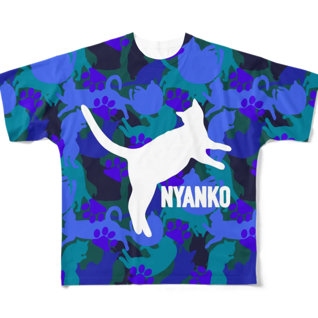 保護猫支援ショップ・パール女将のお宿のNYANKO 迷彩　カモフラ　ブルー All-Over Print T-Shirt