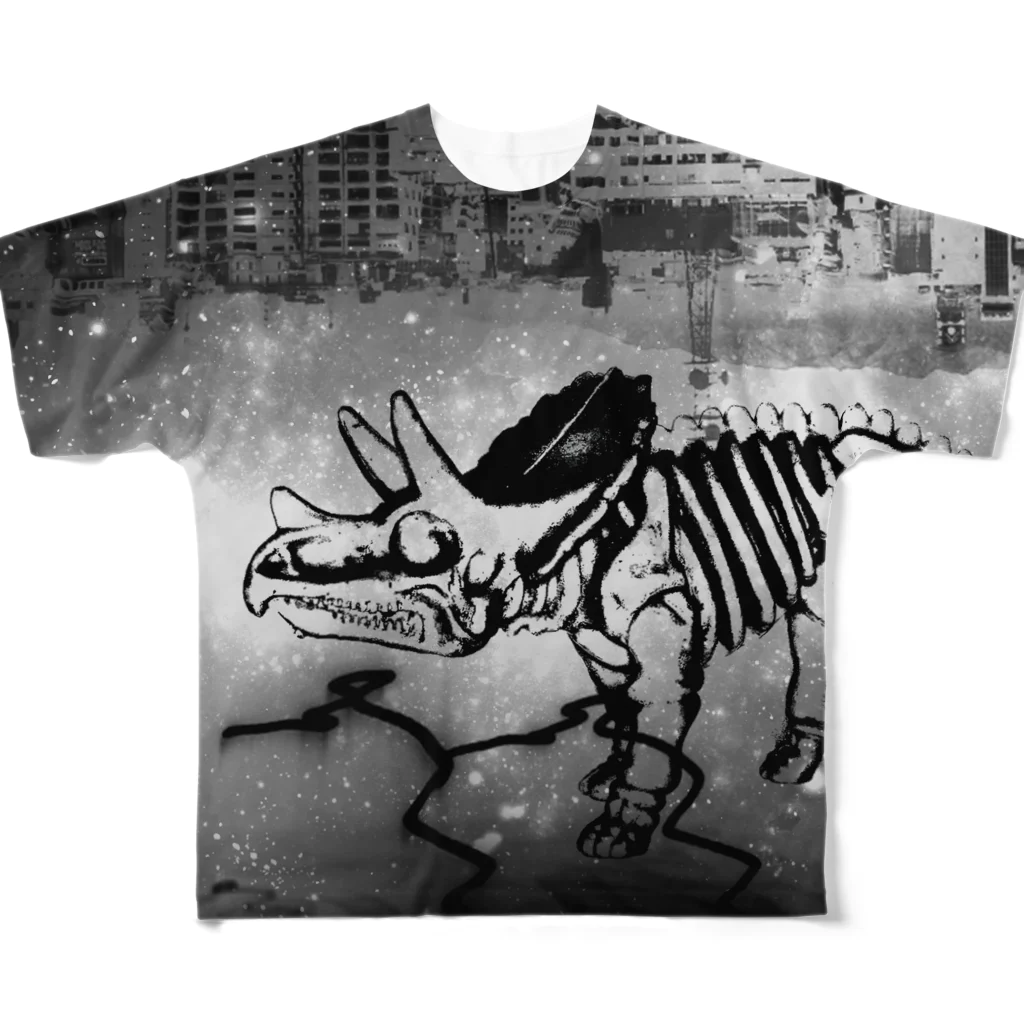 tottoの街と恐竜(モノクロ) フルグラフィックTシャツ