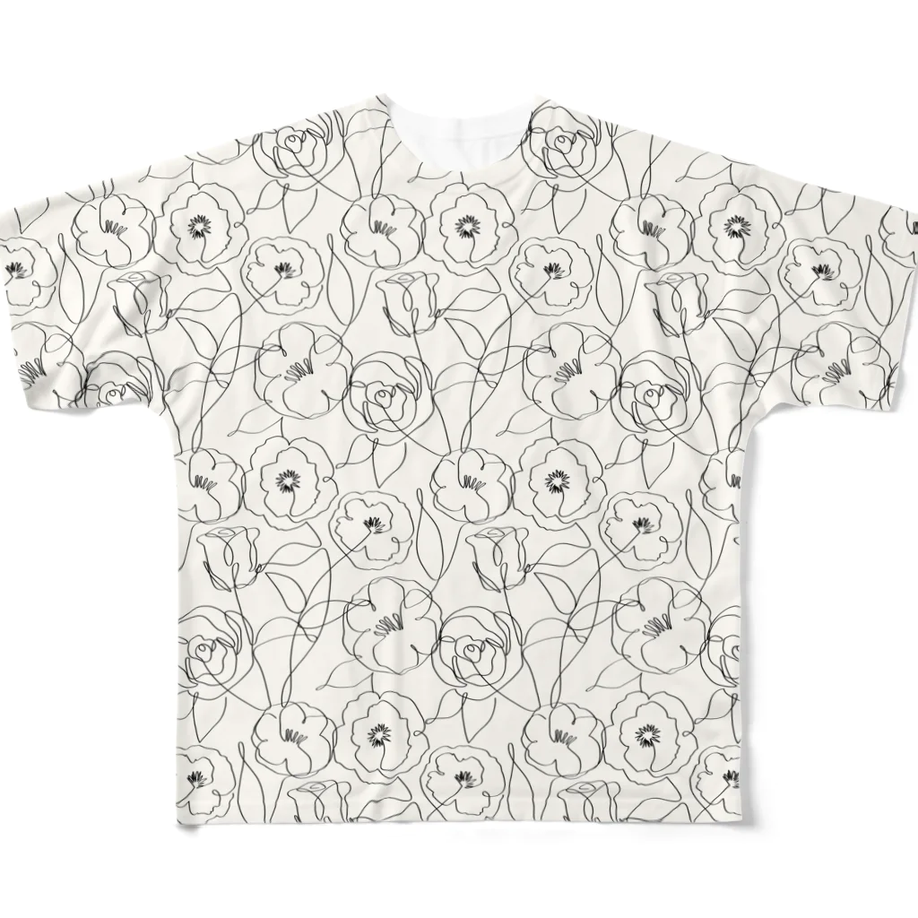 芋焼酎ロックの手描き風　花柄　線画　(白) All-Over Print T-Shirt