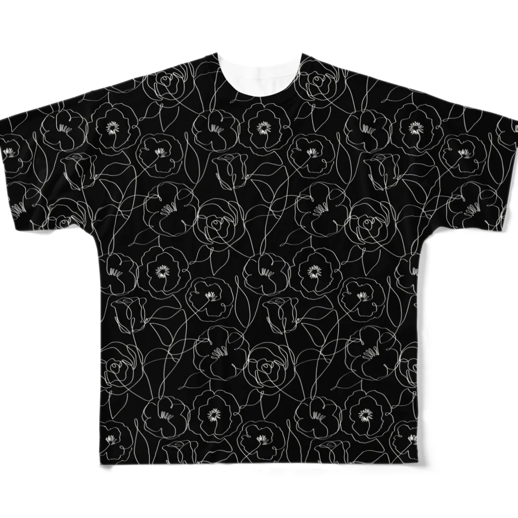 芋焼酎ロックの手描き風　花柄　線画　(黒) All-Over Print T-Shirt