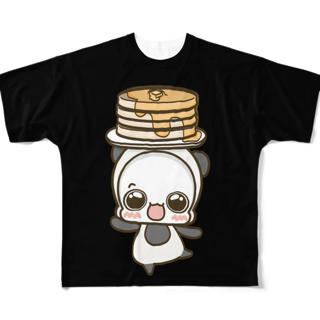 白くまパンダ ORIGINAL SHOPの白くまパンダ　ホットケーキ(黒) フルグラフィックTシャツ