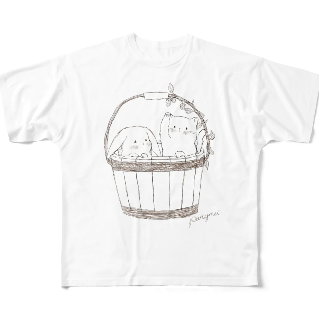 Little afternoonのうさぎとねこと木のバケツ フルグラフィックTシャツ