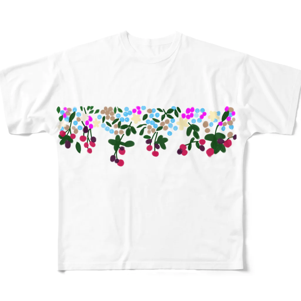 小鳥と映画館のボタニカル ベリーの花 2 フルグラフィックTシャツ