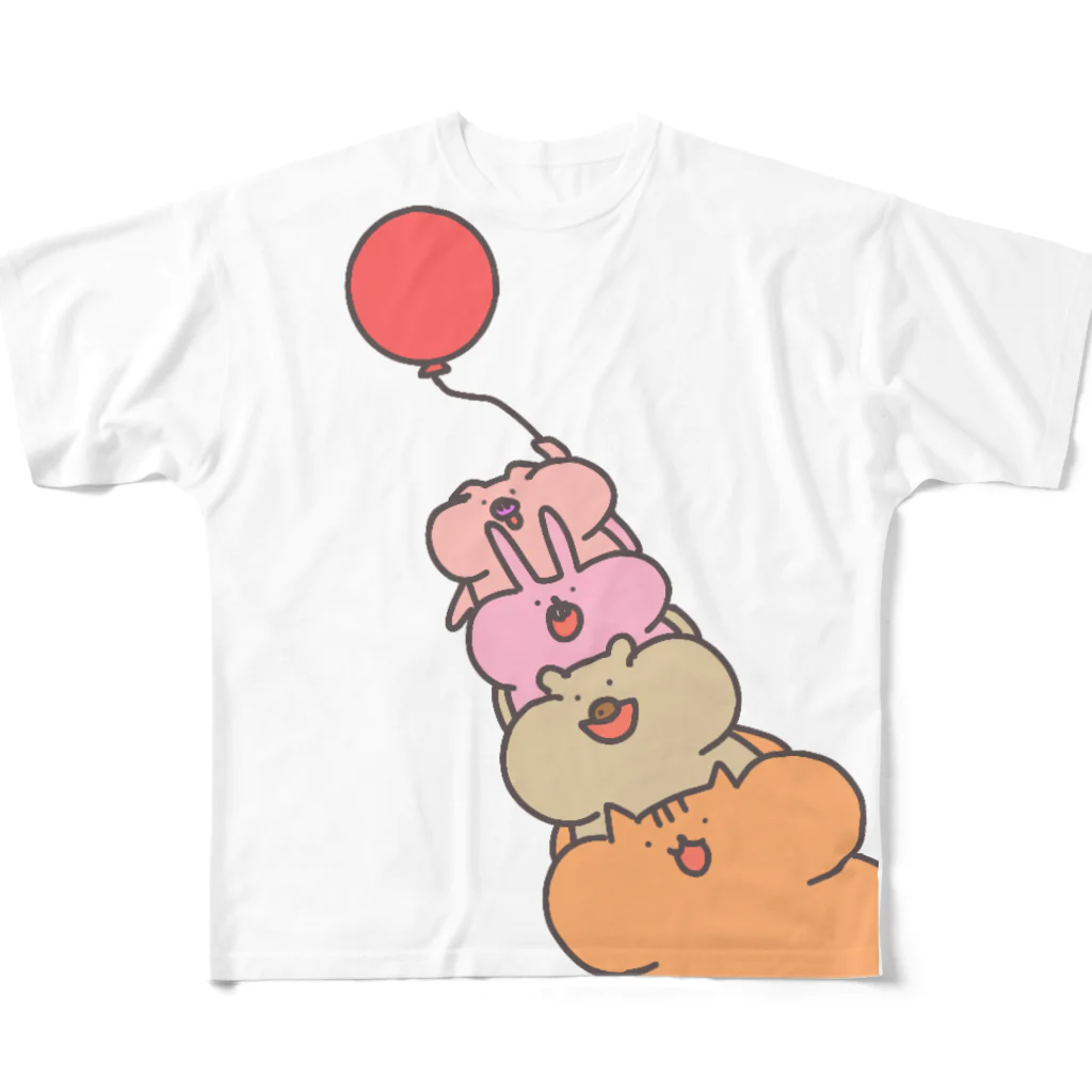 もち米屋の[ふうせん]ほっぺふくらみ動物たち All-Over Print T-Shirt