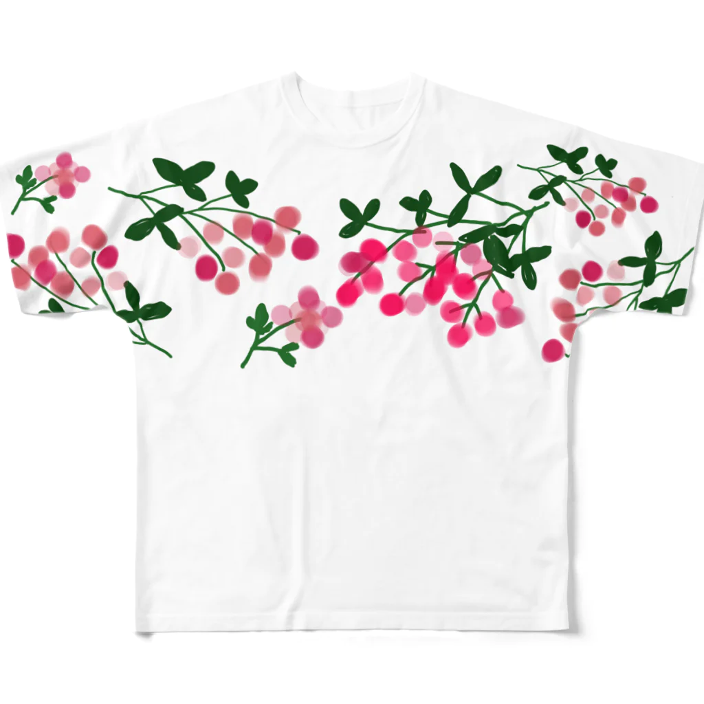 小鳥と映画館のボタニカル ベリーの花 増量版 All-Over Print T-Shirt