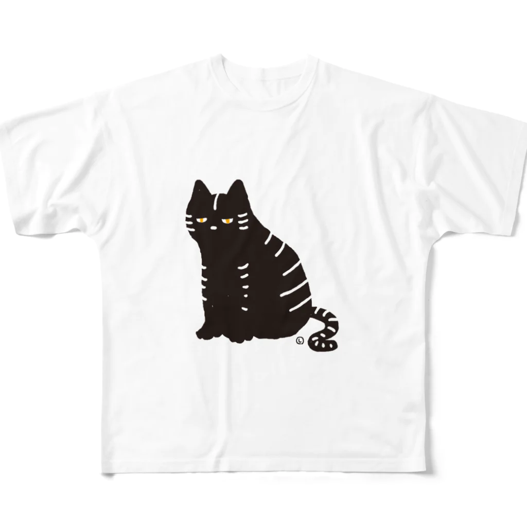 本田しずまるの絵のグッズのトラネコ・黒・大 フルグラフィックTシャツ