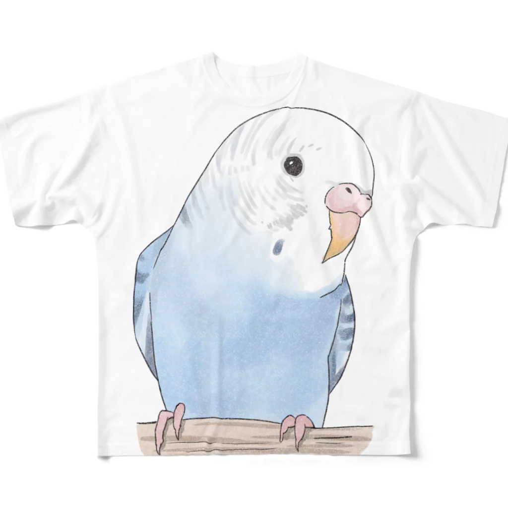 まめるりはことりのおしゃまな止まり木セキセイインコちゃん【まめるりはことり】 フルグラフィックTシャツ