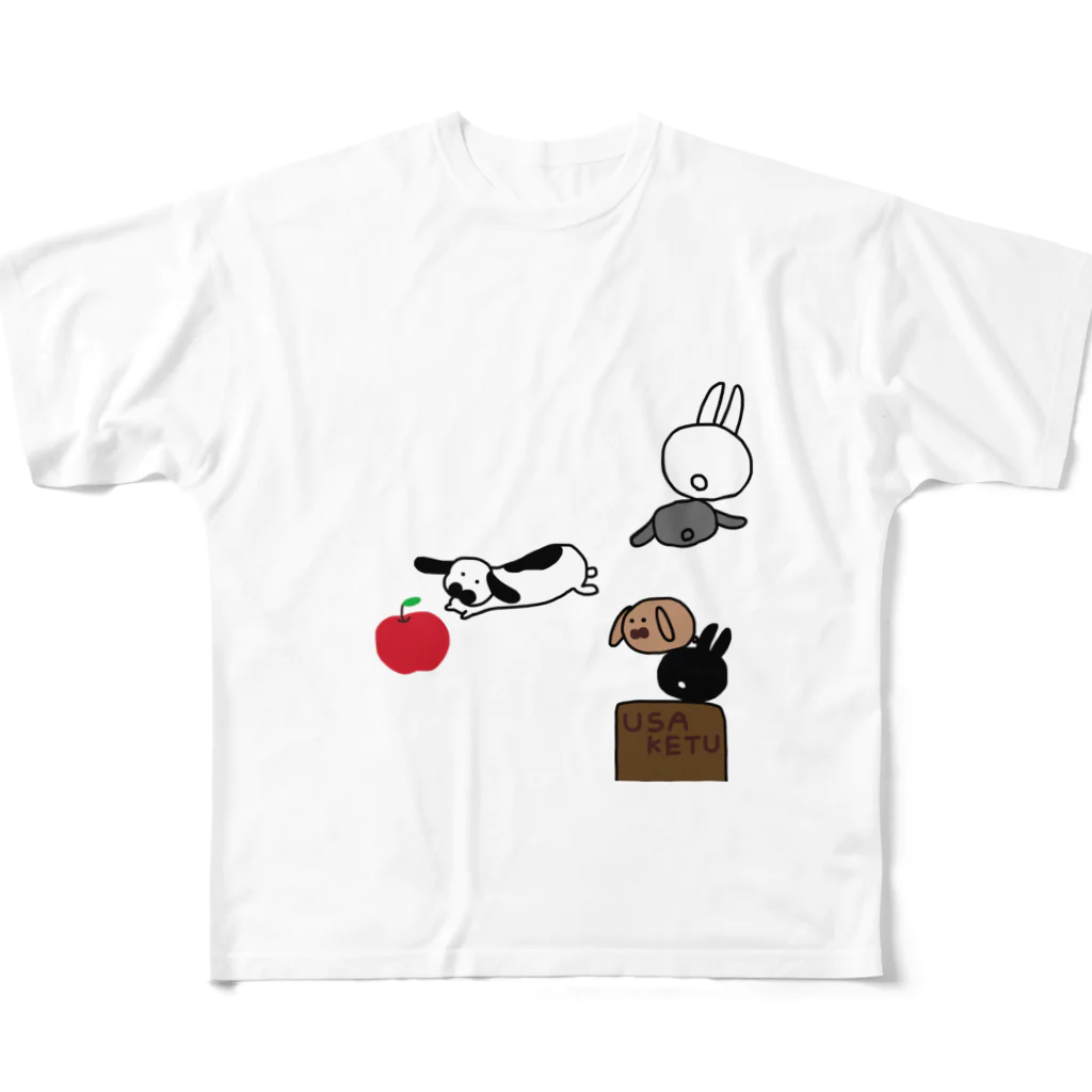 うさぎのUSA（うーさ）🐰のりんごを追いかけるうさぎのフルグラフィックTシャツ フルグラフィックTシャツ