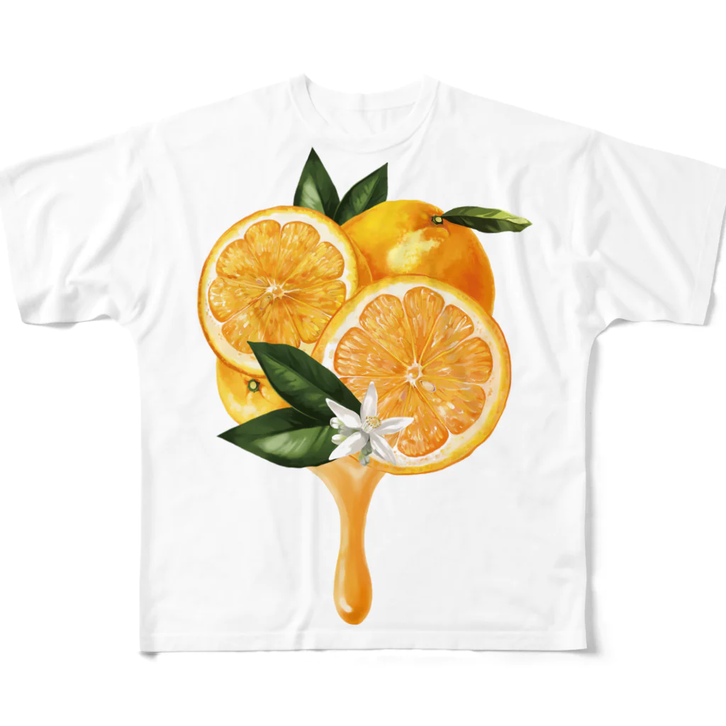 カワウソとフルーツの【forseasons】オレンジ フルグラフィックTシャツ