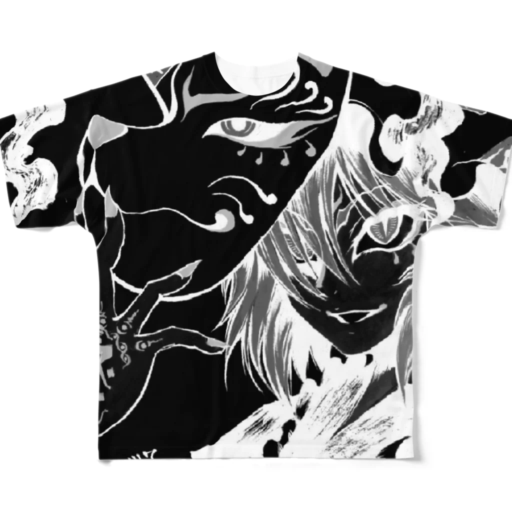 BLACK-UROBOROSの黒白_FOX フルグラフィックTシャツ