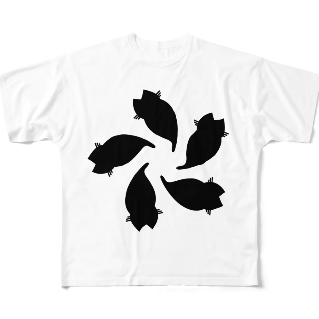 『NG （Niche・Gate）』ニッチゲート-- IN SUZURIの動物家紋。H.T.（変わり散り桜５ネコ）黒 All-Over Print T-Shirt