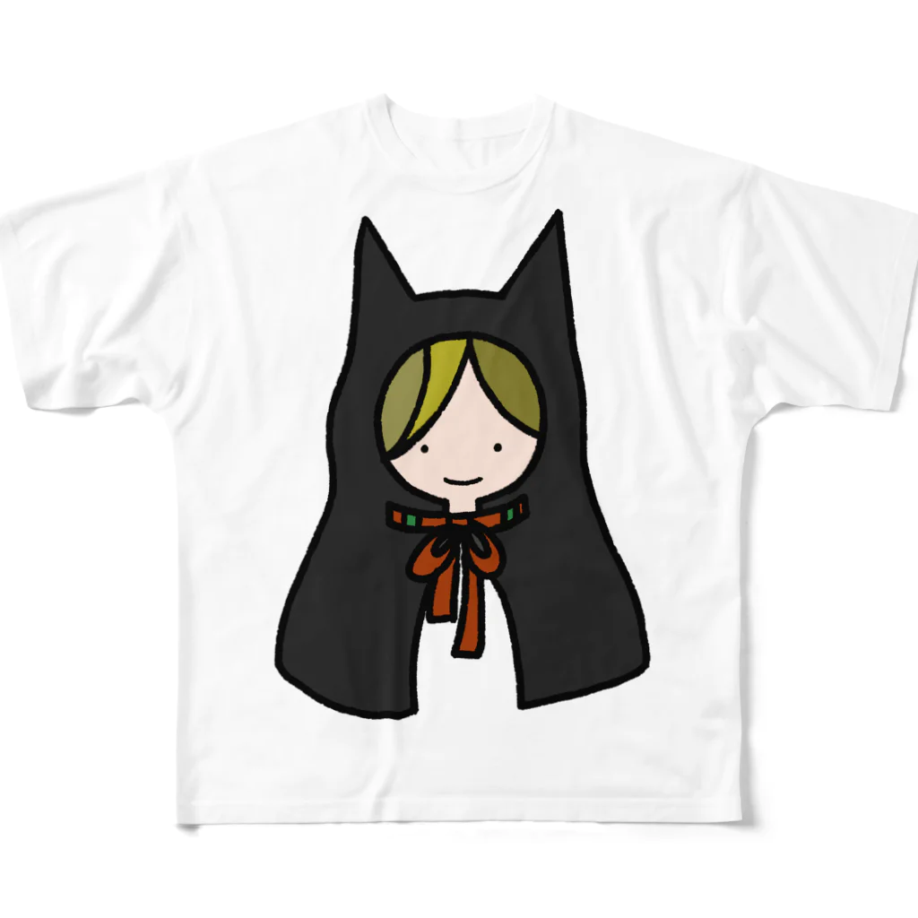 ポキポキぽっきーのねこ耳ケープをかぶった女の子 フルグラフィックTシャツ