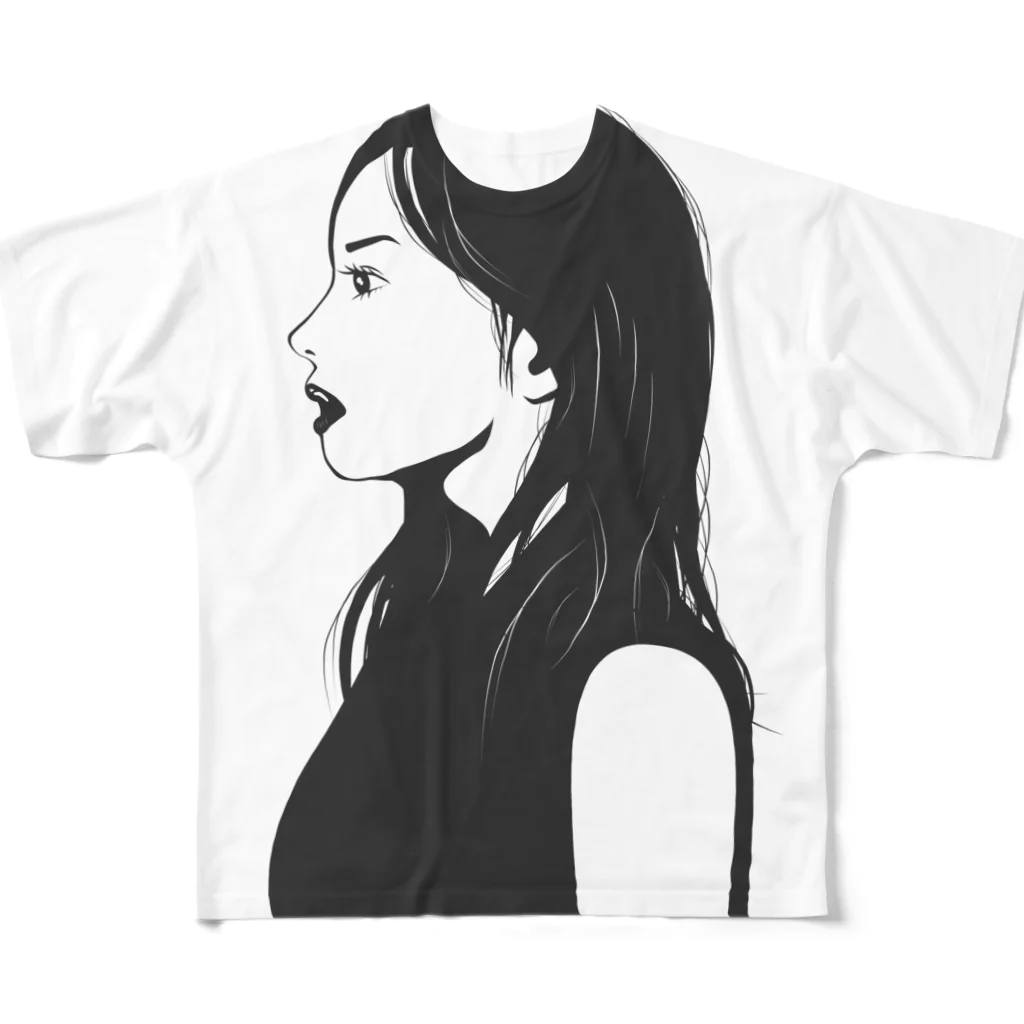 R-design STOREのクールな女性の横顔 フルグラフィックTシャツ