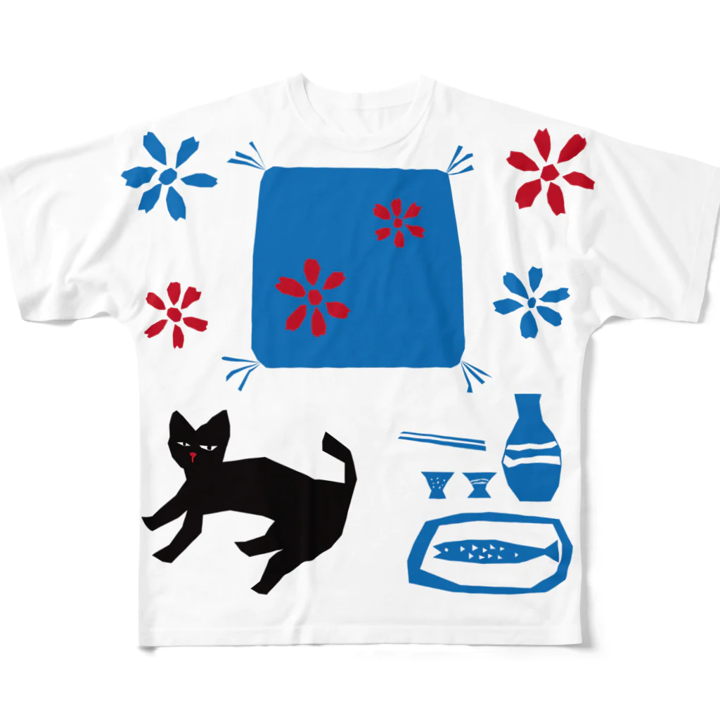 SOKICHISAITOの猫と座布団とお銚子とお猪口 フルグラフィックTシャツ