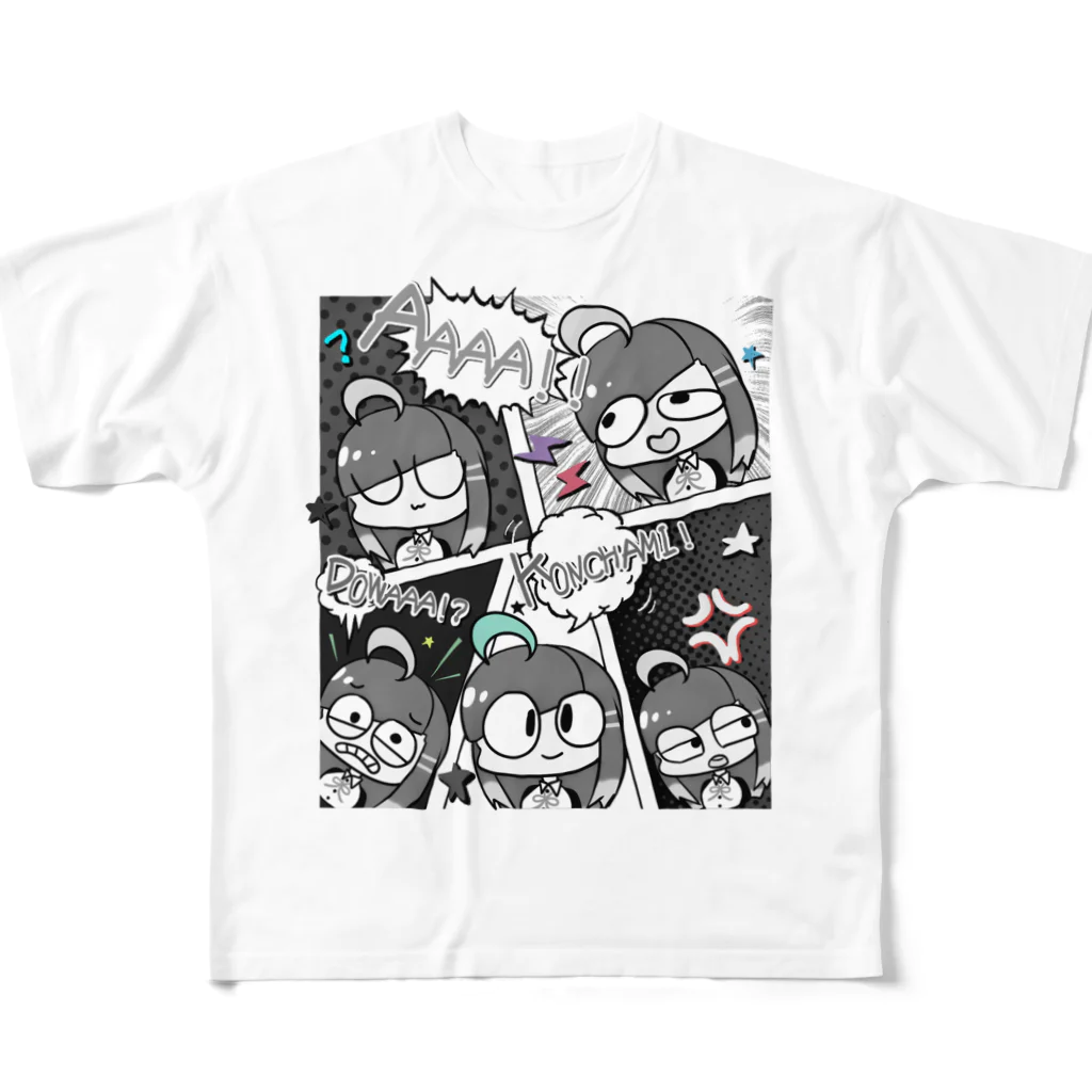 猫飯ちゃみのアメコミ風（モノクロカラー） フルグラフィックTシャツ