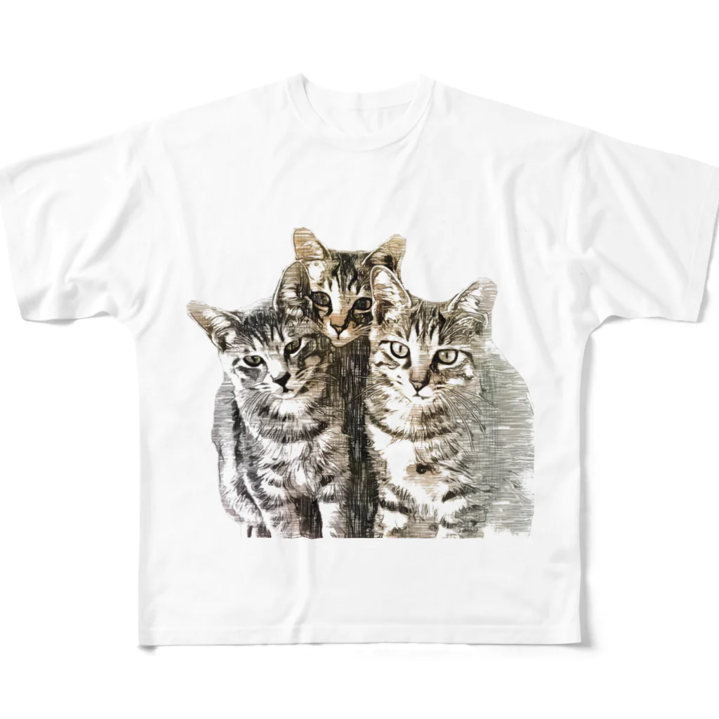 saraの猫 仲良し三兄弟 フルグラフィックTシャツ