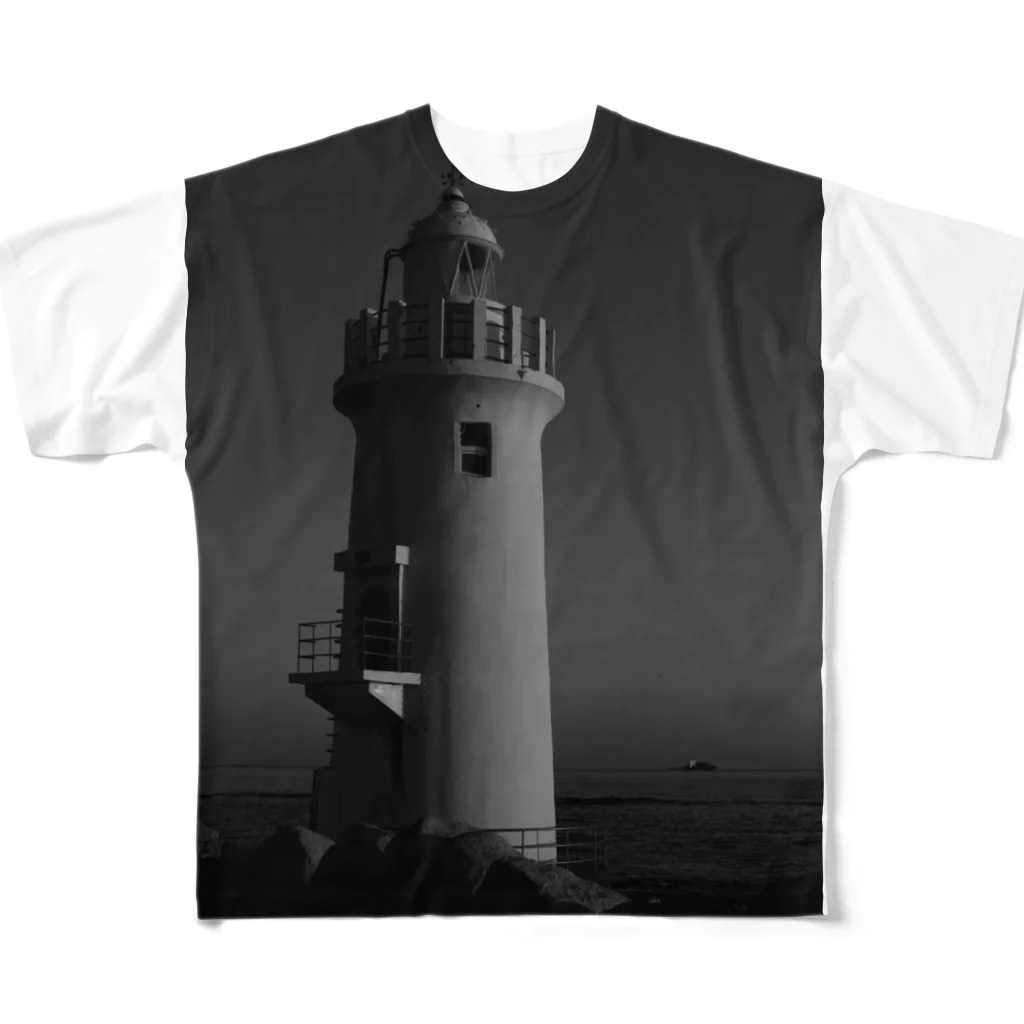 SIBAのblack and white lighthouse (モノクロ灯台) フルグラフィックTシャツ