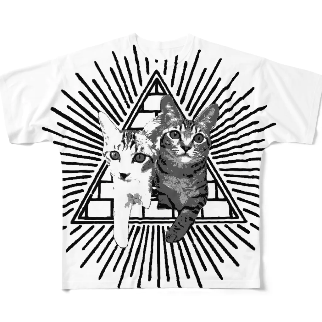 🍀葉っぱちゃんねる🍀の猫の秘密結社（黒） All-Over Print T-Shirt