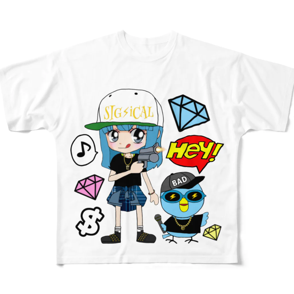 秘密結社(ㆁөㆁ)青い鳥のギャングスタ小鳥遊エリ＆唯我HIPHOP丸シリーズ フルグラフィックTシャツ