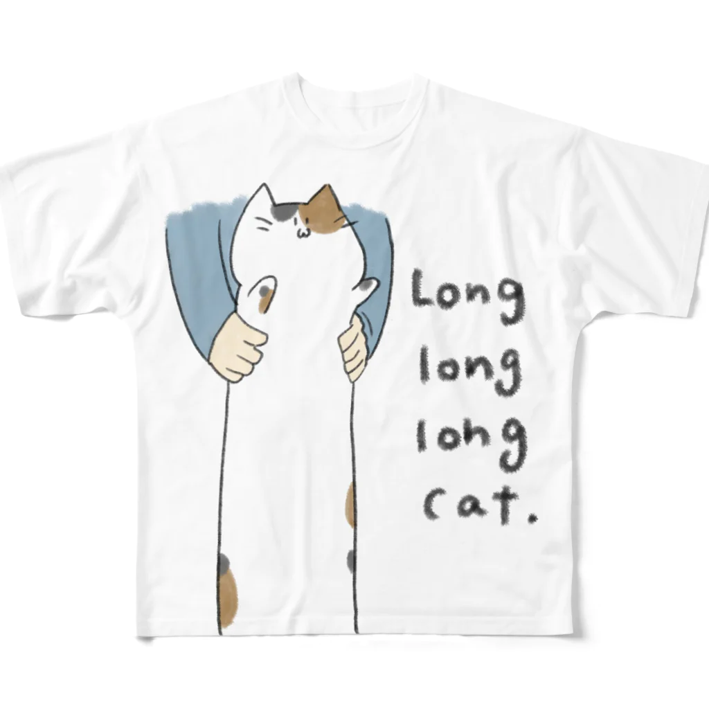 ねこのおさしみ亭のLong long long cat. フルグラフィックTシャツ