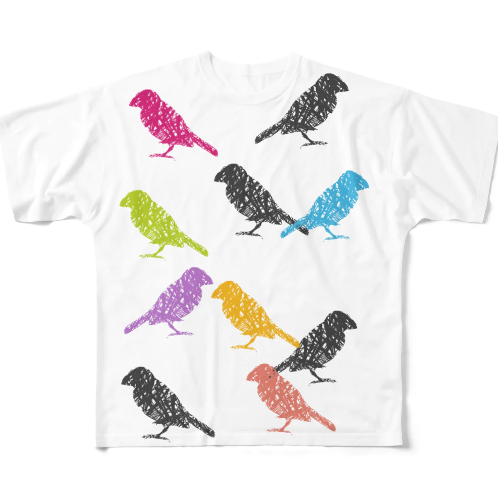 PiZakkuのペンタッチな鳥がいっぱい フルグラフィックTシャツ