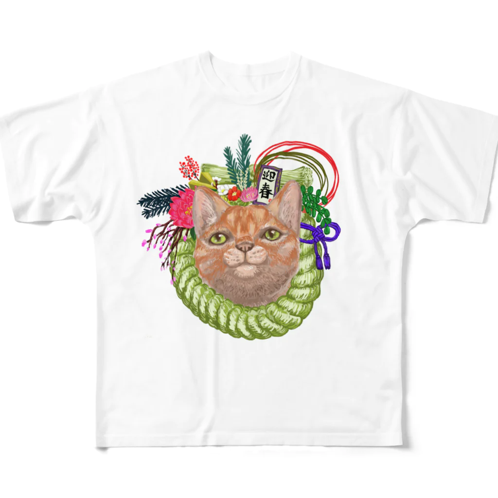 MOMODAMONのしめ縄猫 フルグラフィックTシャツ