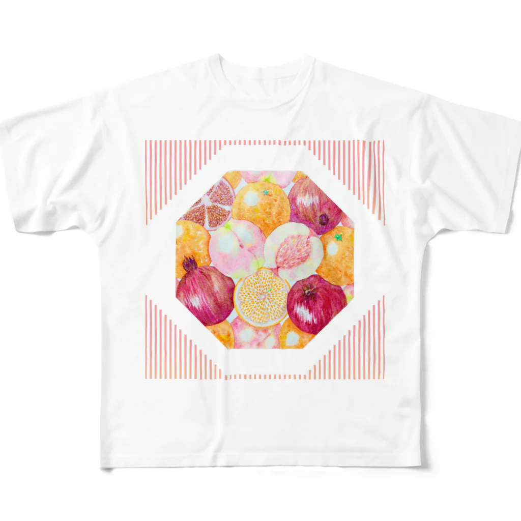 shu-shuの幸運を呼ぶスピリチュアルフルーツ☆「三柑の実」&ストライプ All-Over Print T-Shirt