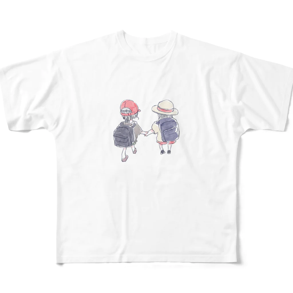 浅山しおん（ハリネズミのソフィー）のオリジナル　手を繋いで歩く幼い二人の女の子 All-Over Print T-Shirt