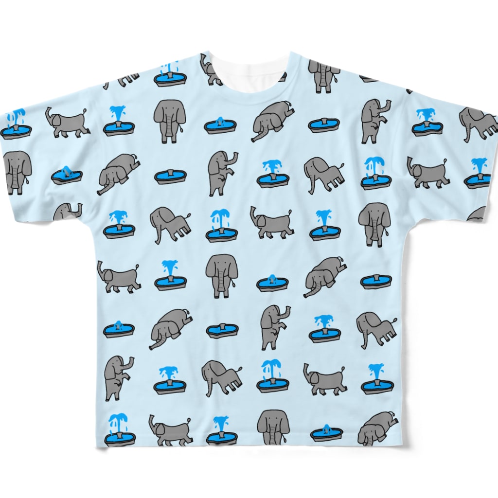 ゆるいイラストのアイテム - イラストレーターハセガワのゾウと噴水 All-Over Print T-Shirt