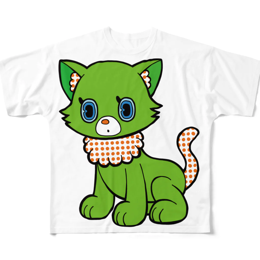 インターネット露店のグリーンキャット フルグラフィックTシャツ