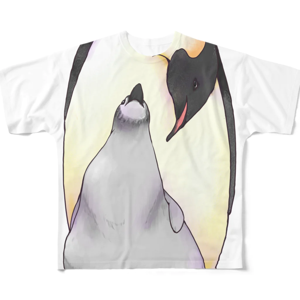 人鳥舎のエンペラーペンギンの親子 フルグラフィックTシャツ
