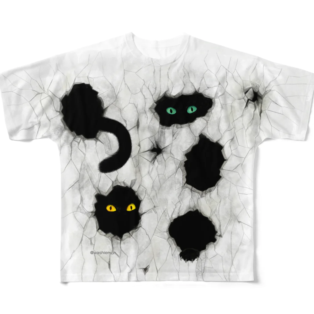 Washiemon and Ai-chan's Shopの黒猫が見ている フルグラフィックTシャツ