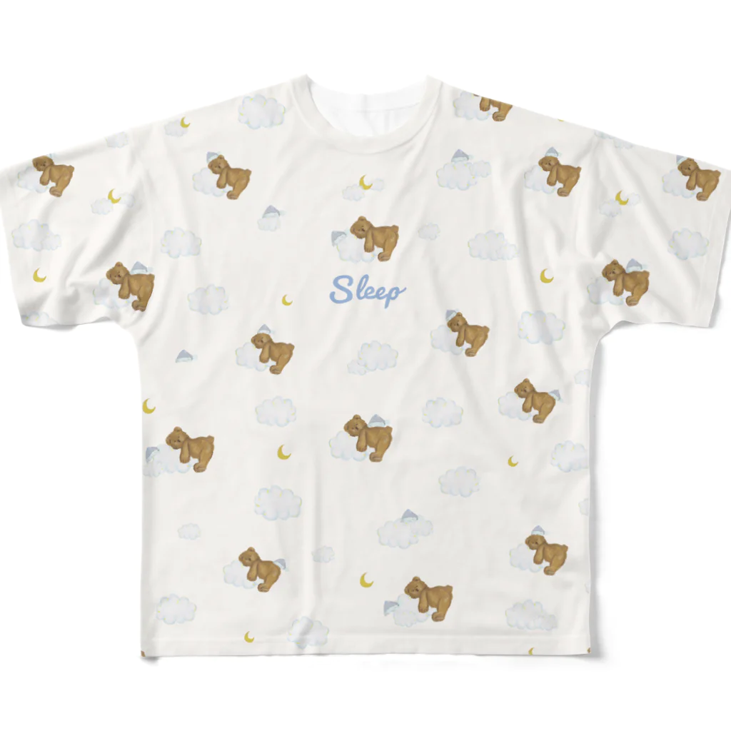 papiko くまさんの【ベージュ】 sleep おやすみ テディベア フルグラフィックTシャツ