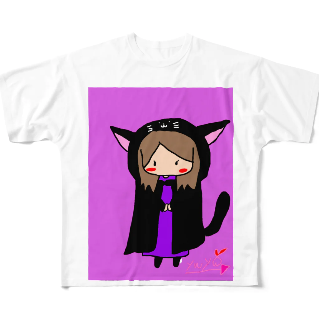 chiro&kuroの猫フード被ったチロ フルグラフィックTシャツ