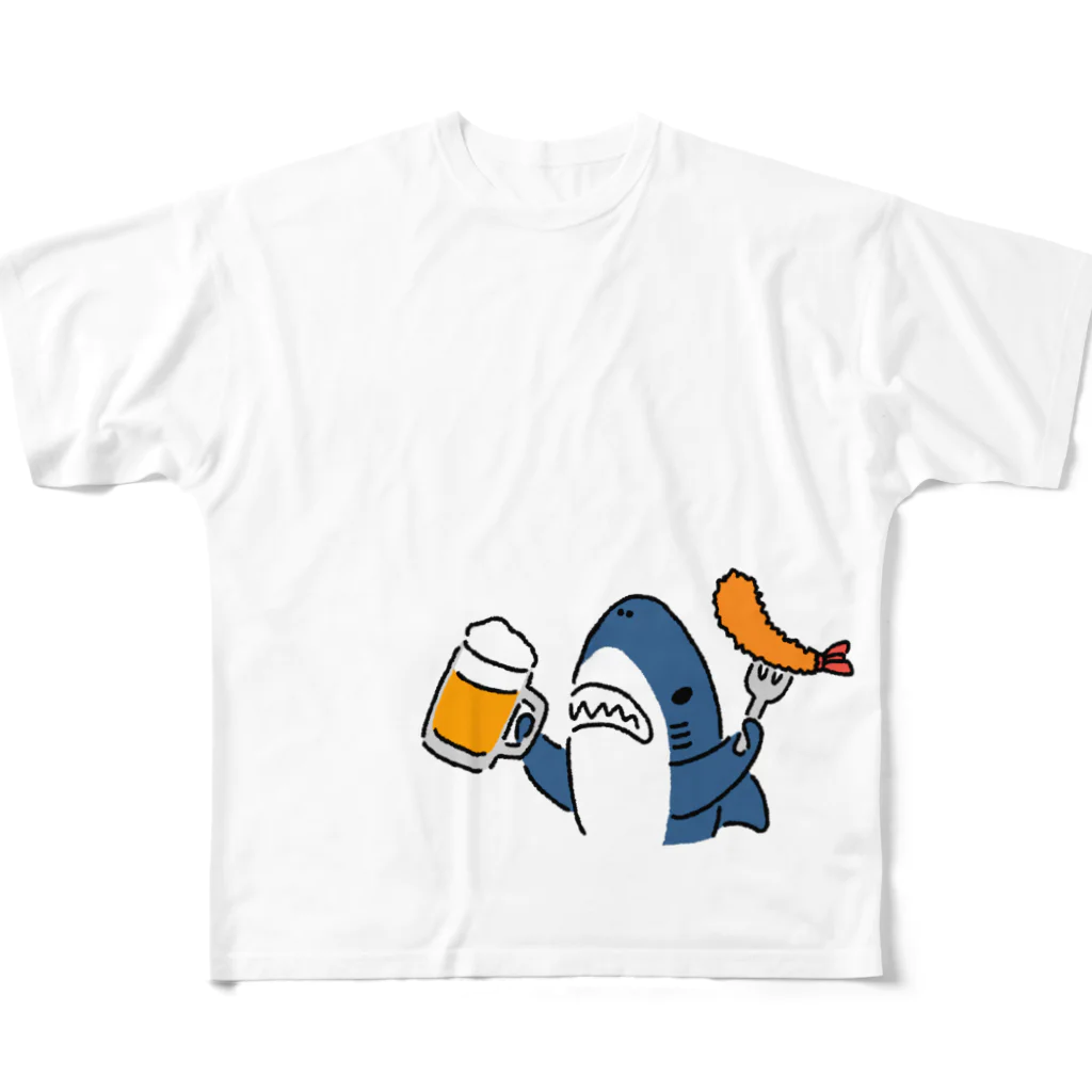 サメ わりとおもいのビールとエビフライとサメ　色付き文字無しVer. フルグラフィックTシャツ