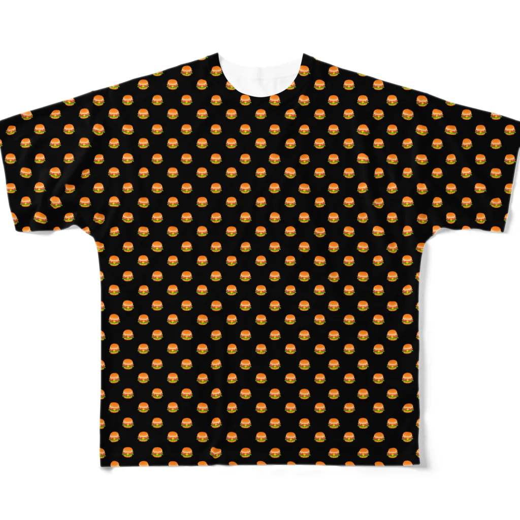 HW designの全面ドットバーガー黒 フルグラフィックTシャツ