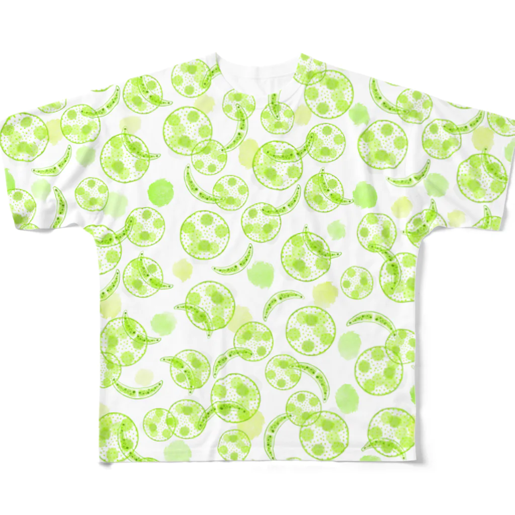 Shopほじりの微生物ミカヅキモとボルボックス フルグラフィックTシャツ