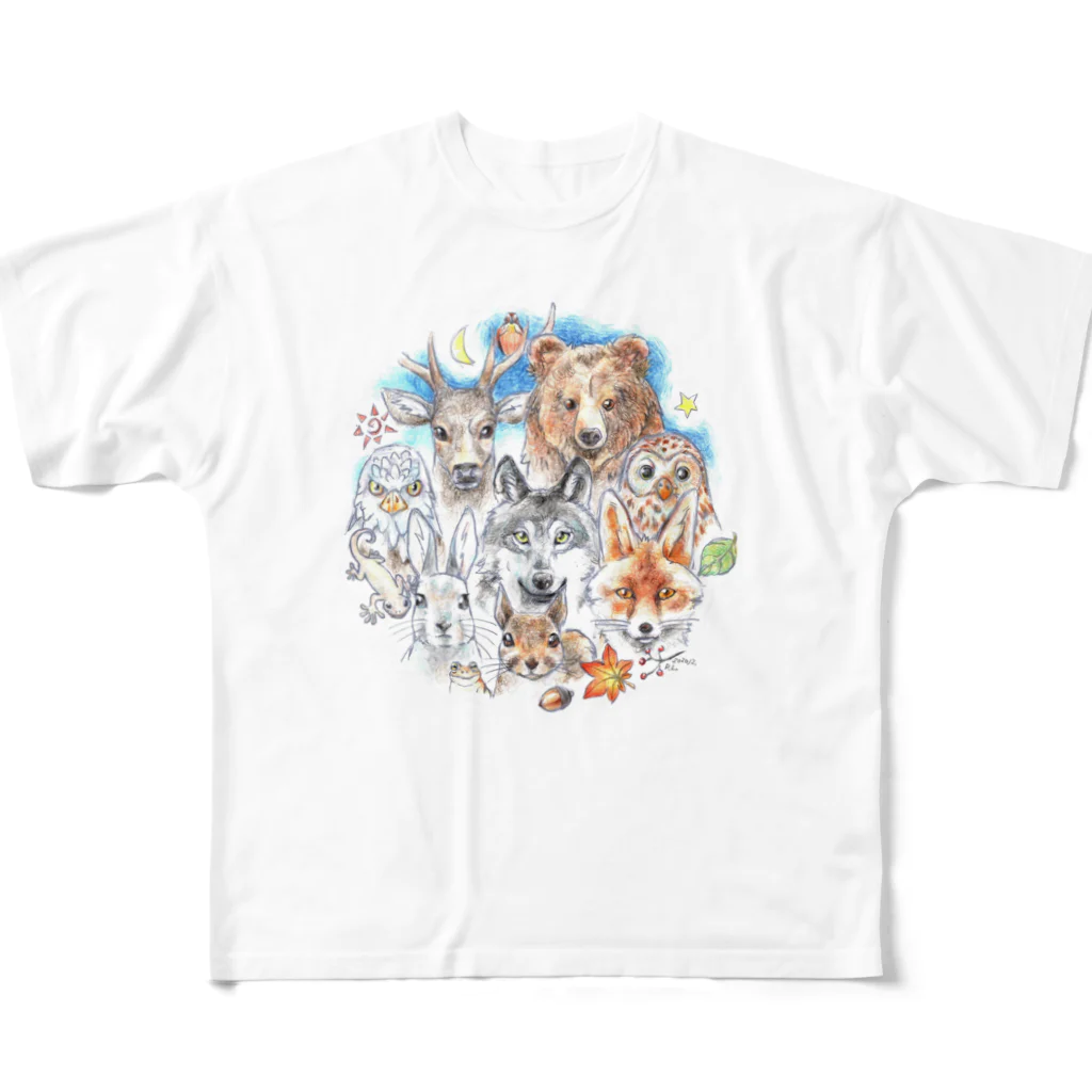 ＰＵＧＬＡＮＤの熊・鹿・フクロウ・オオカミ・キツネ・鷹・イモリ・うさぎ・リス・ジョウビタキ All-Over Print T-Shirt